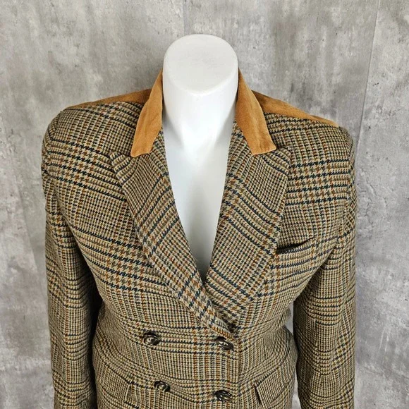 Vintage 80s 90s The Limited Plaid Wool Blend Blazer M Suede Collar‎ Equestrian - Picture 3 of 11